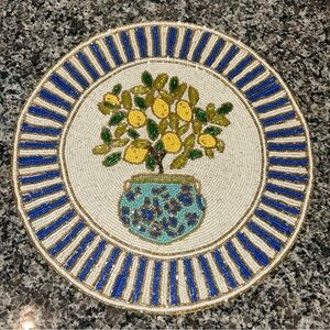 Tahari Beaded Tuscan Lemon Tree In Pot Sparkly Blue & Gold Placemat Charger New